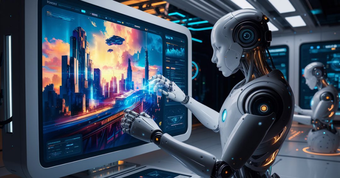 En futuristisk AI-robot som skapar en digital målning på en skärm. Skärmen visar en färgstark och detaljrik AI-genererad bild, medan robotens händer lyser upp med dataflöden. Bakgrunden är en modern teknologisk miljö med en futuristisk touch.