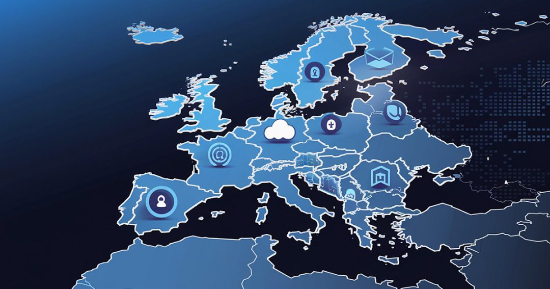 En digital illustration av en karta över Europa med futuristiska ikoner som representerar olika tekniktjänster såsom e-post, molnlagring och navigation. Kartan har ett modernt blått färgschema med en högteknologisk rutnätsdesign i bakgrunden.