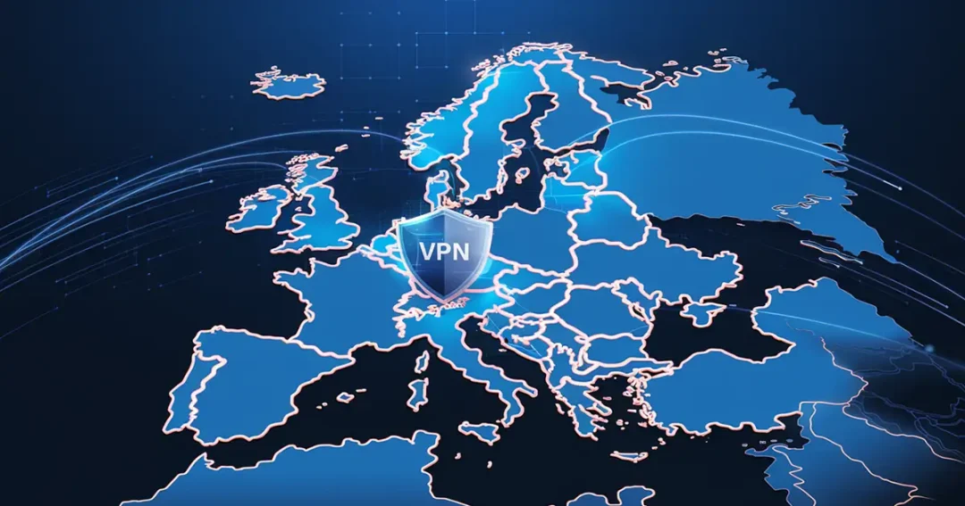 En futuristisk digital karta över Europa med lysande datalinjer som förbinder olika städer. Ett holografiskt sköldsymbol i mitten representerar VPN-skydd och integritet. Bakgrunden har en mörkblå cybernetisk design som framhäver säkerhet och anonymitet online.