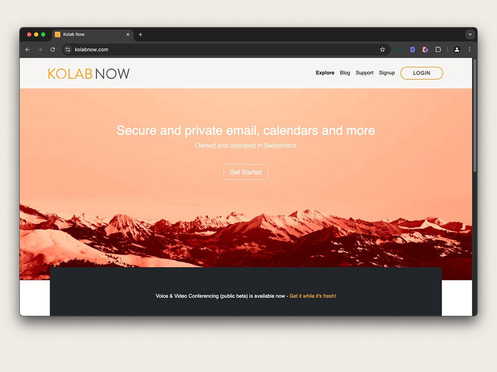 Skärmdump av Kolab Now:s hemsida, en schweizisk e-posttjänst med fokus på säkerhet och integritet.