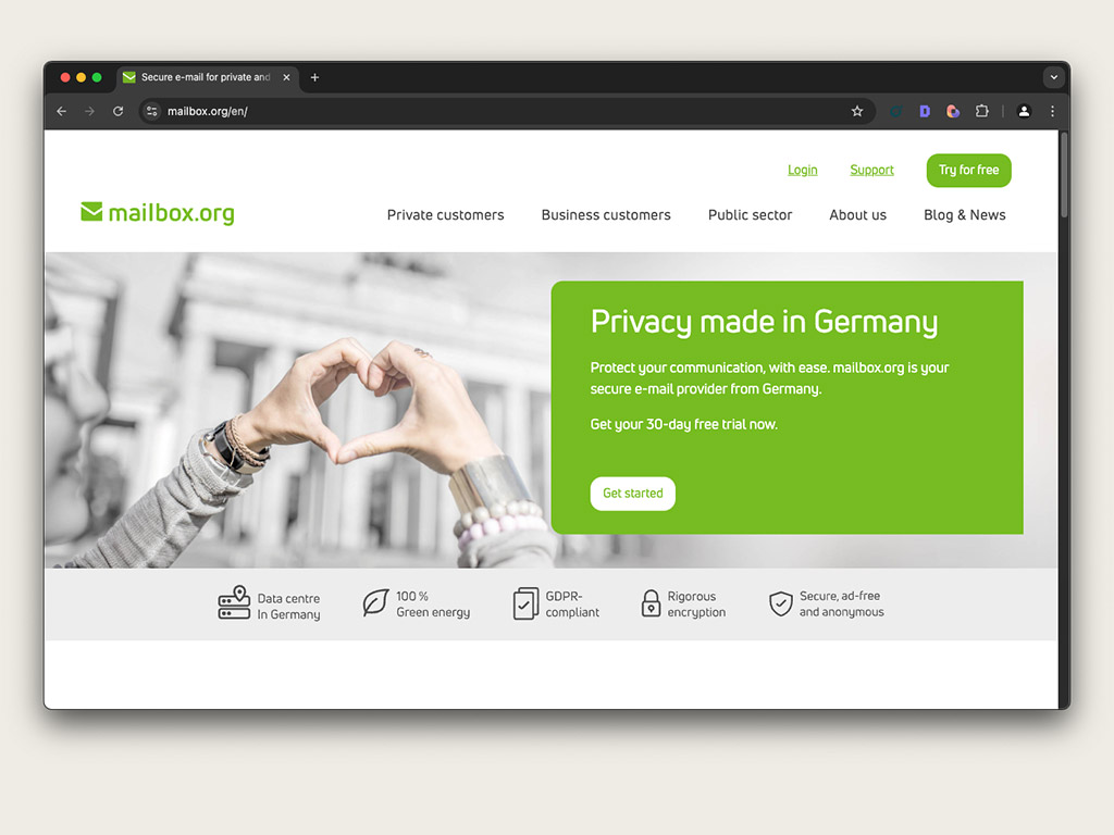 Skärmdump av Mailbox.org:s hemsida som visar en integritetsfokuserad tysk e-posttjänst med säkerhetsfunktioner.