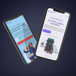 Två smartphones visar webbplatserna för NordVPN och ProtonVPN mot en mörk bakgrund. Den vänstra telefonen visar NordVPN:s kampanjsida med en blå design, medan den högra telefonen visar ProtonVPN:s webbplats med en vit och lila design som betonar integritet och säkerhet online.