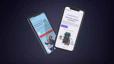 Två smartphones visar webbplatserna för NordVPN och ProtonVPN mot en mörk bakgrund. Den vänstra telefonen visar NordVPN:s kampanjsida med en blå design, medan den högra telefonen visar ProtonVPN:s webbplats med en vit och lila design som betonar integritet och säkerhet online.