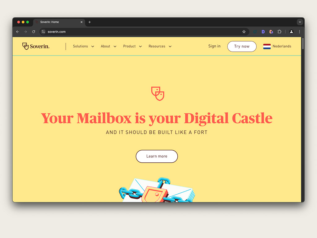 Skärmdump av Soverin:s hemsida som visar en säker och privat nederländsk e-posttjänst med fokus på användarnas kontroll.