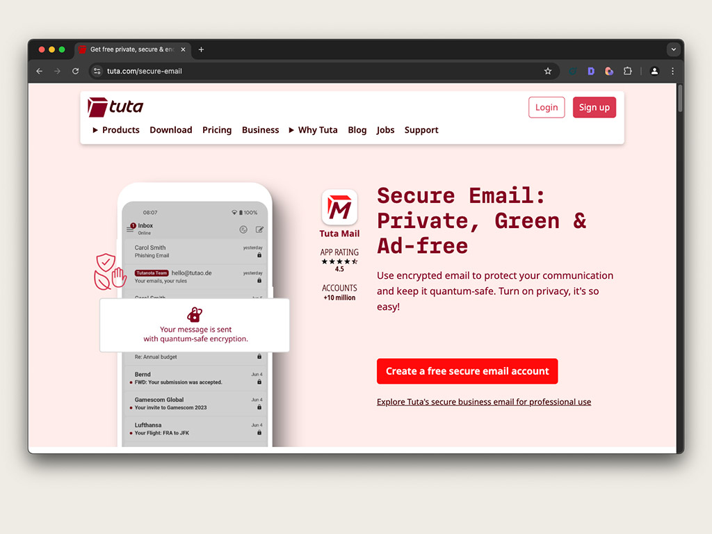 Skärmdump av Tuta Mail:s hemsida, en säker e-posttjänst som erbjuder integritetsskydd och kvantsäker kryptering.